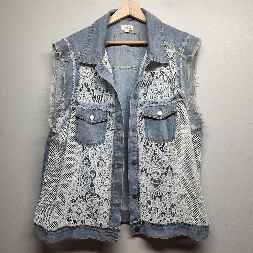Pol Denim Lace Vest Women L Blue White Sleeveless Festival Whimsigoth Casual